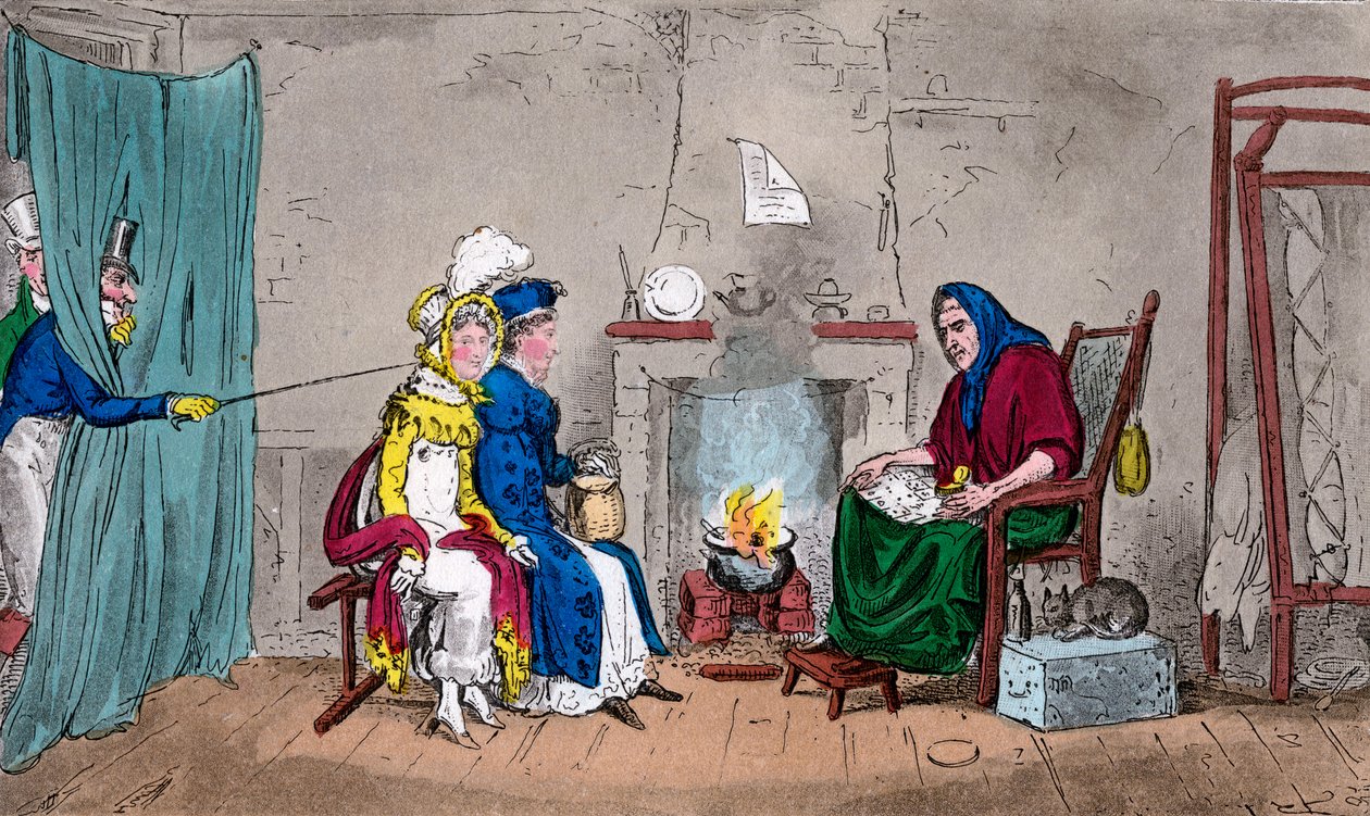 Tom and Jerry, catching Kate and Sue on the fly, having their fortunes told, 19th century by Isaac, Robert and George Cruikshank