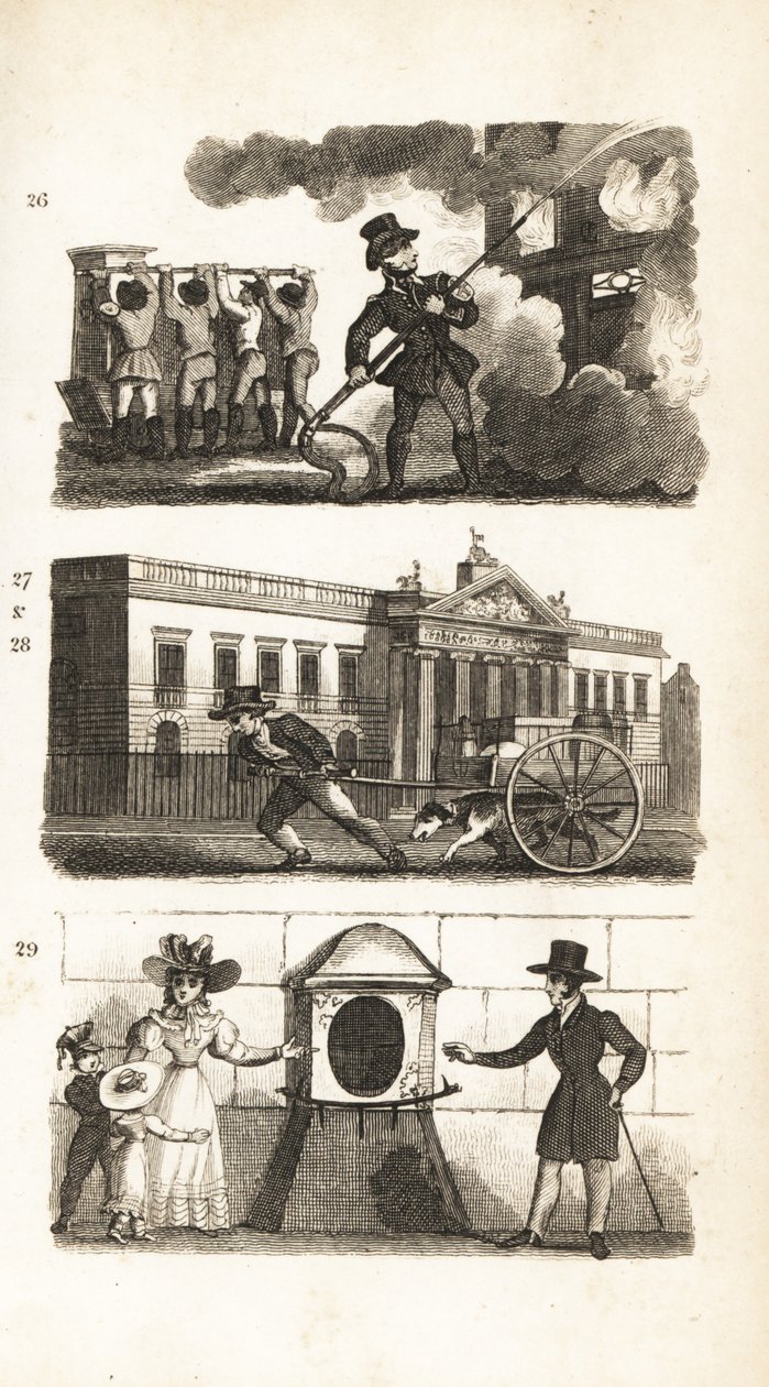 The Fire-Engine, Drawing Goods on a Truck, East India House and London Stone by Isaac Taylor