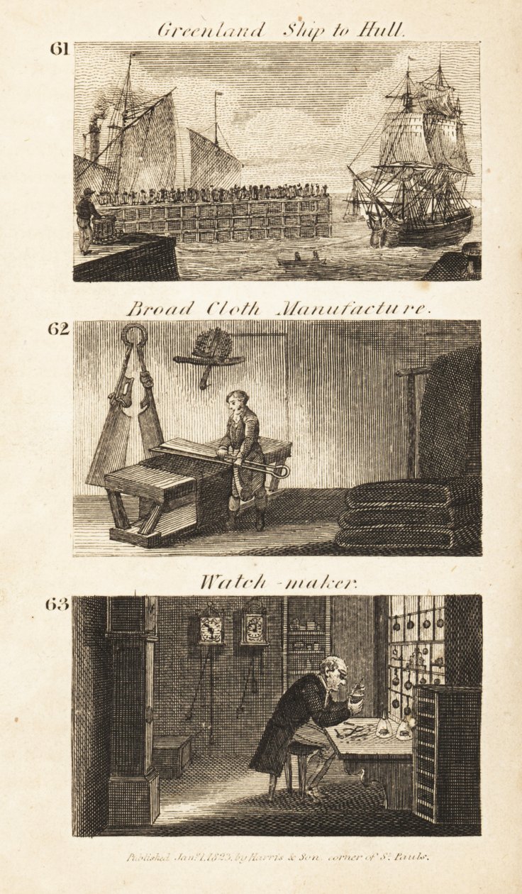 Trades in Regency England: Greenland Ship to Hull, Broad-Cloth Manufacture and Watchmaker by Isaac Taylor