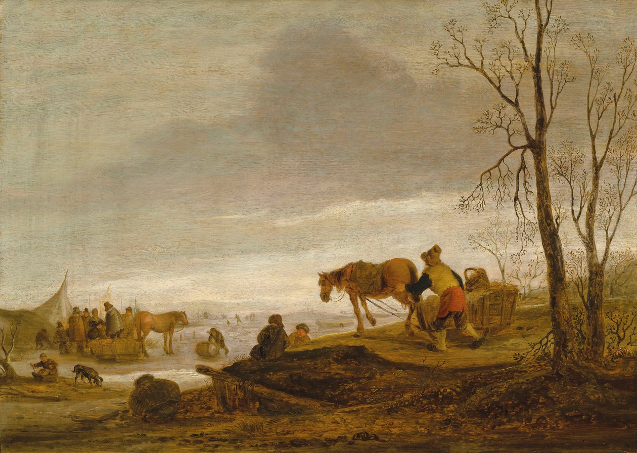A Winter Landscape with Figures on a Frozen River by Isaac van Ostade