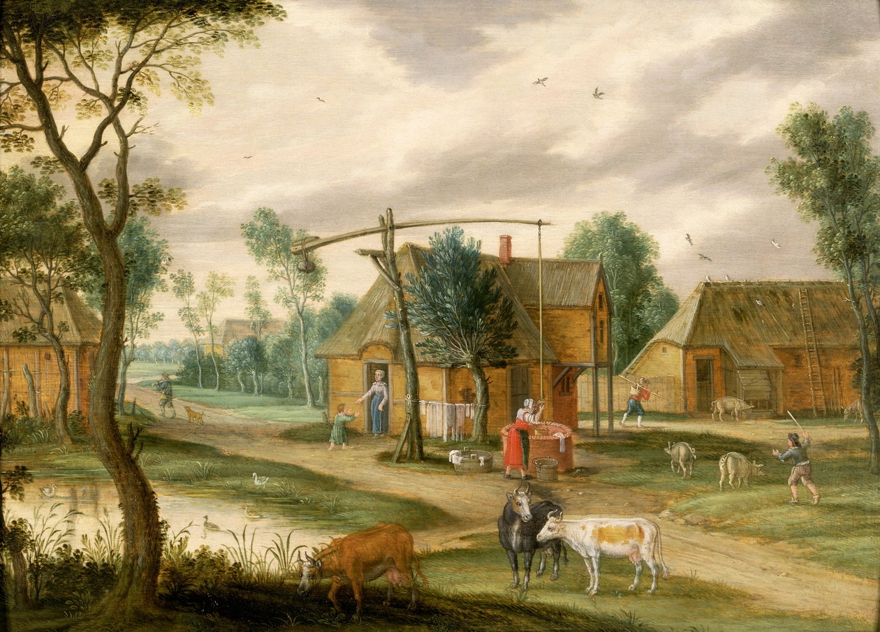 A village landscape with a woman drawing water from a well by Isaak van Oosten