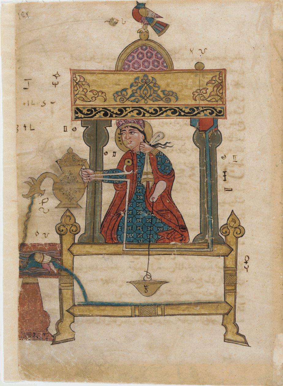 Hand-washing automaton with flush mechanism, folio from The Book of Ingenious Mechanical Devices; by Al-Djazari, 1315 by Islamic School
