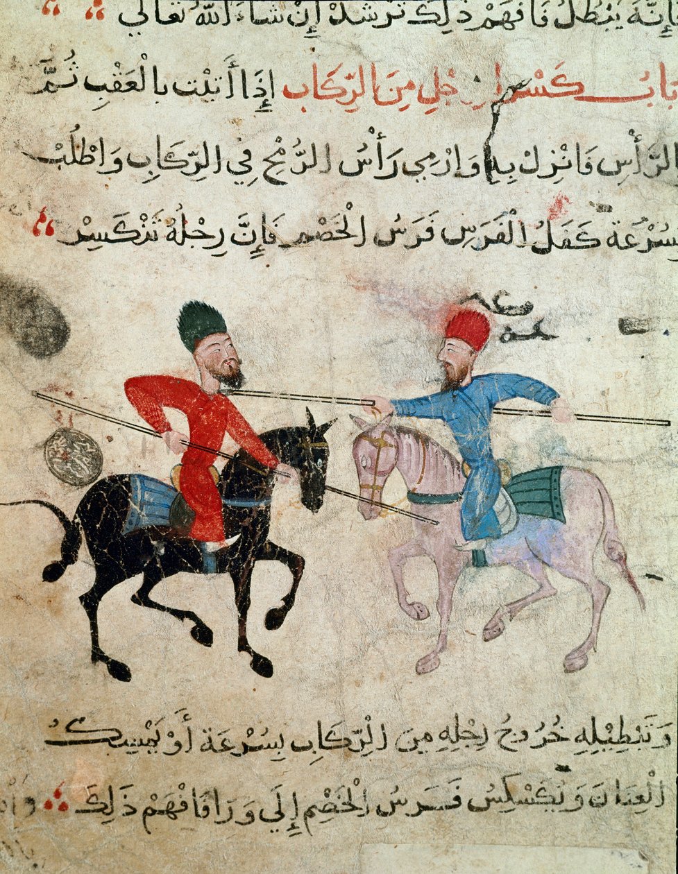 Islamic Art: Drawing on parchment from the period of Fatimid - Scene of duel between two horsemen - Painting on papyrus - Cairo, Museum of Islamic Art by Islamic School