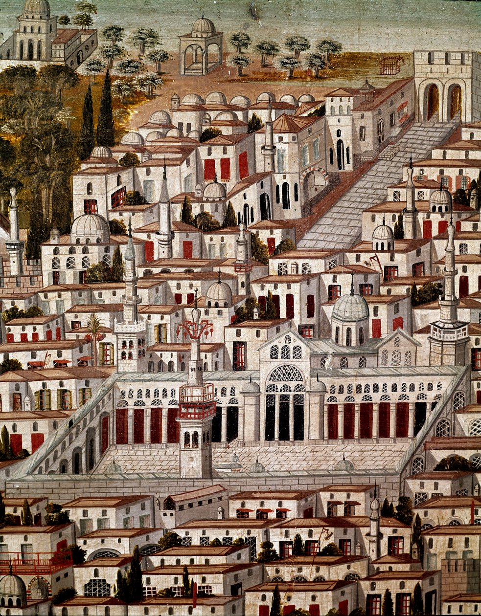 Islamic Art: View of Damascus with The Great Mosque of the Umayyads of Damascus (705-715). Anonymous Syrian painting of the 17th century by Islamic School