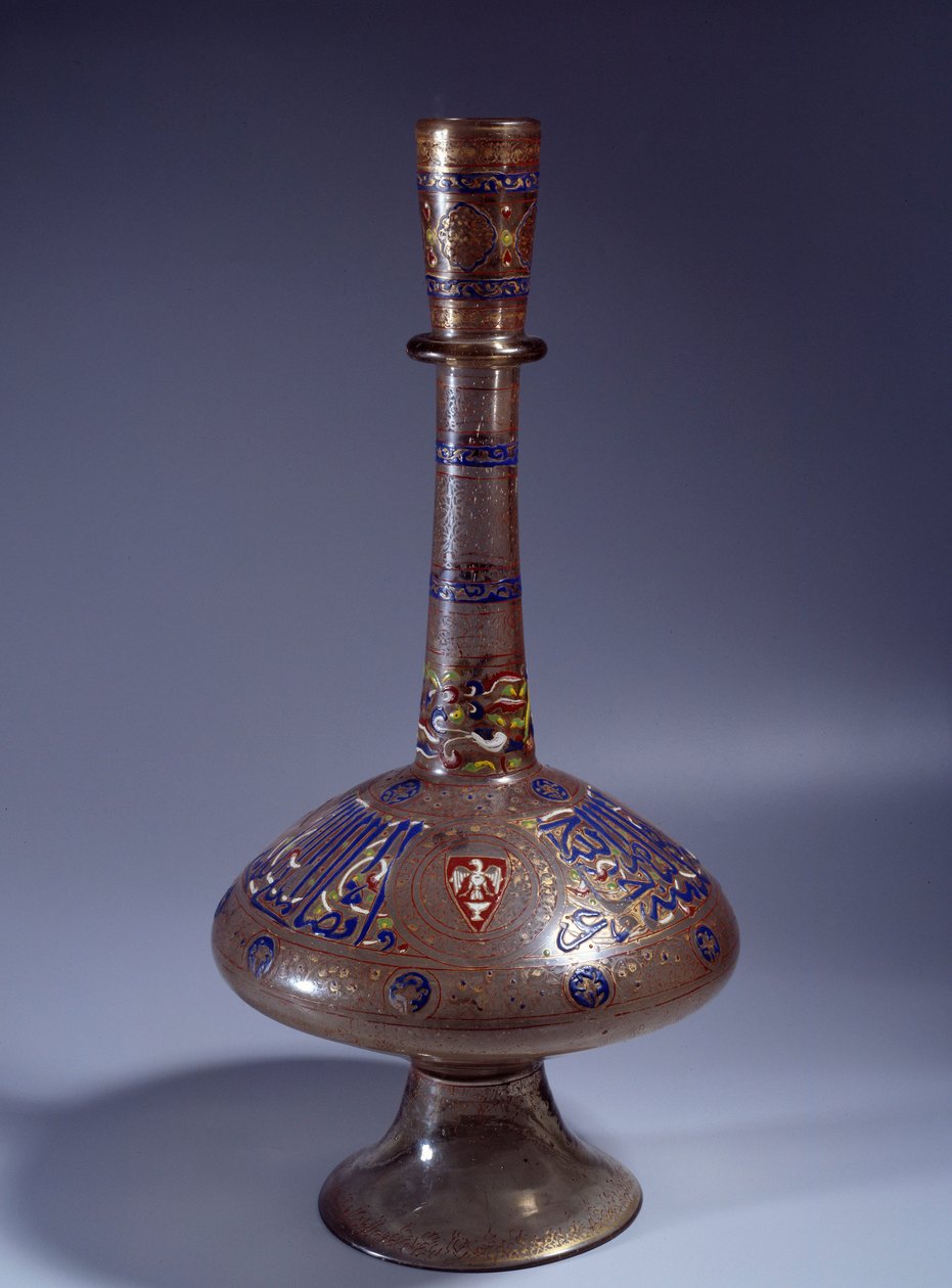 Islamic Art: bottle with long enameled glass neck of Vice King Tuquztemur, 1345 approx., from Egypt or Syria by Islamic School