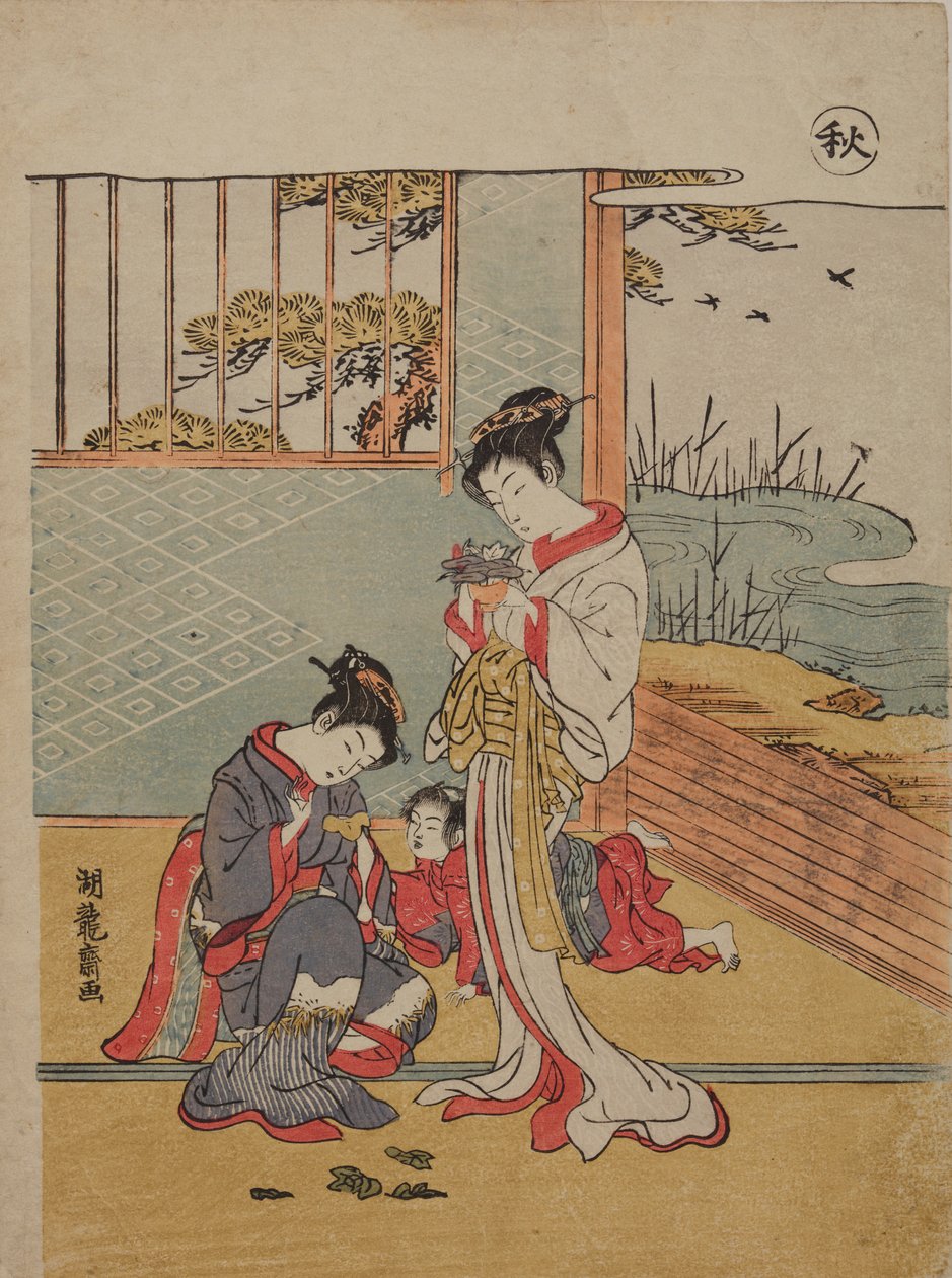 Autumn. Two Women and a Child in an Open Interior; from the series: Four Seasons by Isoda Koryusai
