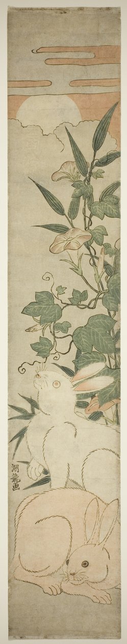 Morning-Glories, Rabbits, and Moon by Isoda Koryusai