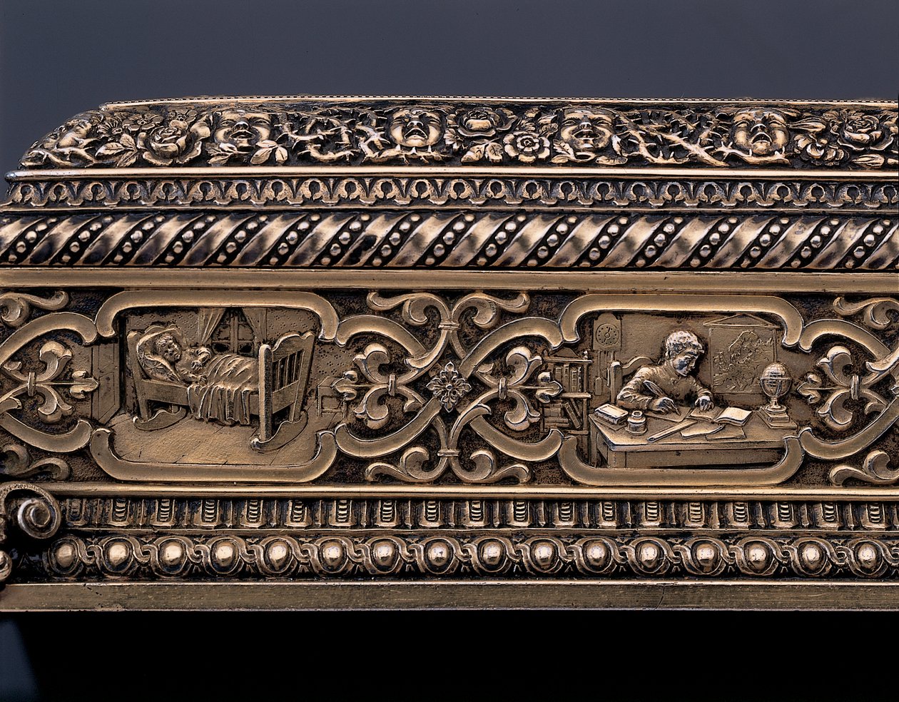 Detail of a miniature human skeleton and sarcophagus by Israel Rouchomovsky
