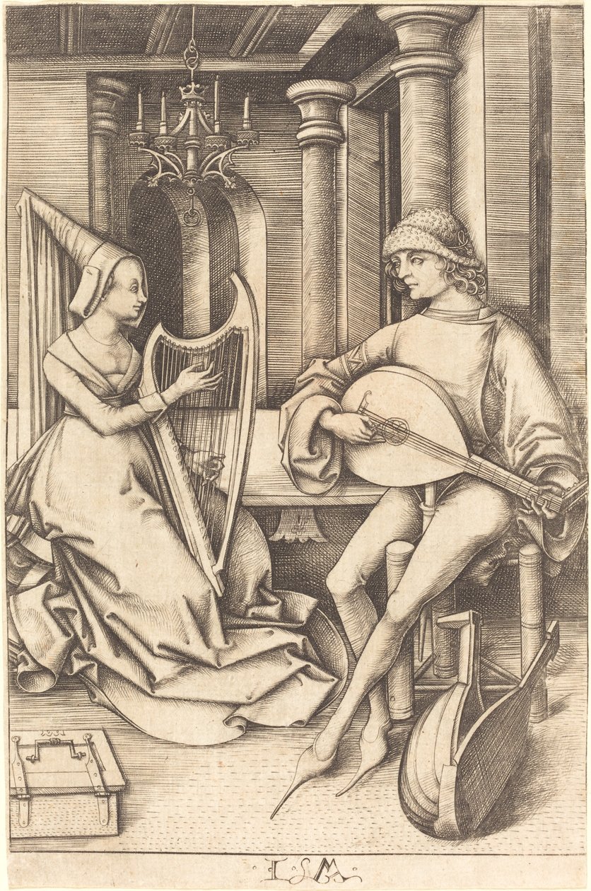 The Lute Player and the Harpist, c. 1495-1503 by Israhel van Meckenem