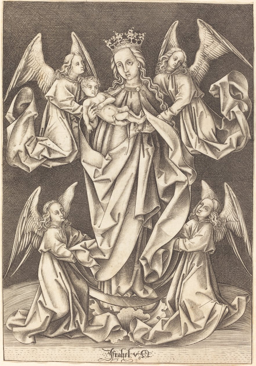 The Madonna and Child on the Crescent Supported by Four Angels by Israhel van Meckenem