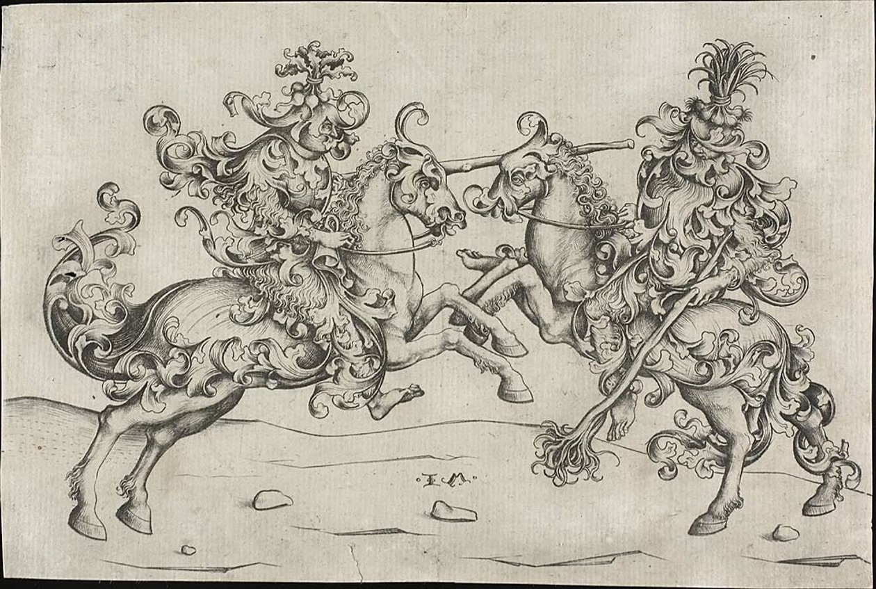 Combat of Two Wild Men on Horseback by Israhel van Meckenem the younger