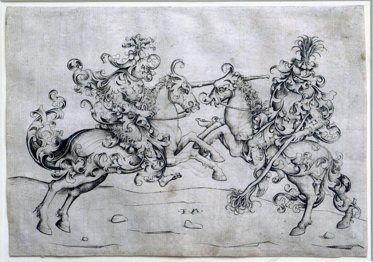 Two riders playing. Game of two men on horseback. Drawing by Israel Van Meckenem. Louvre Museum by Israhel van the younger Meckenem
