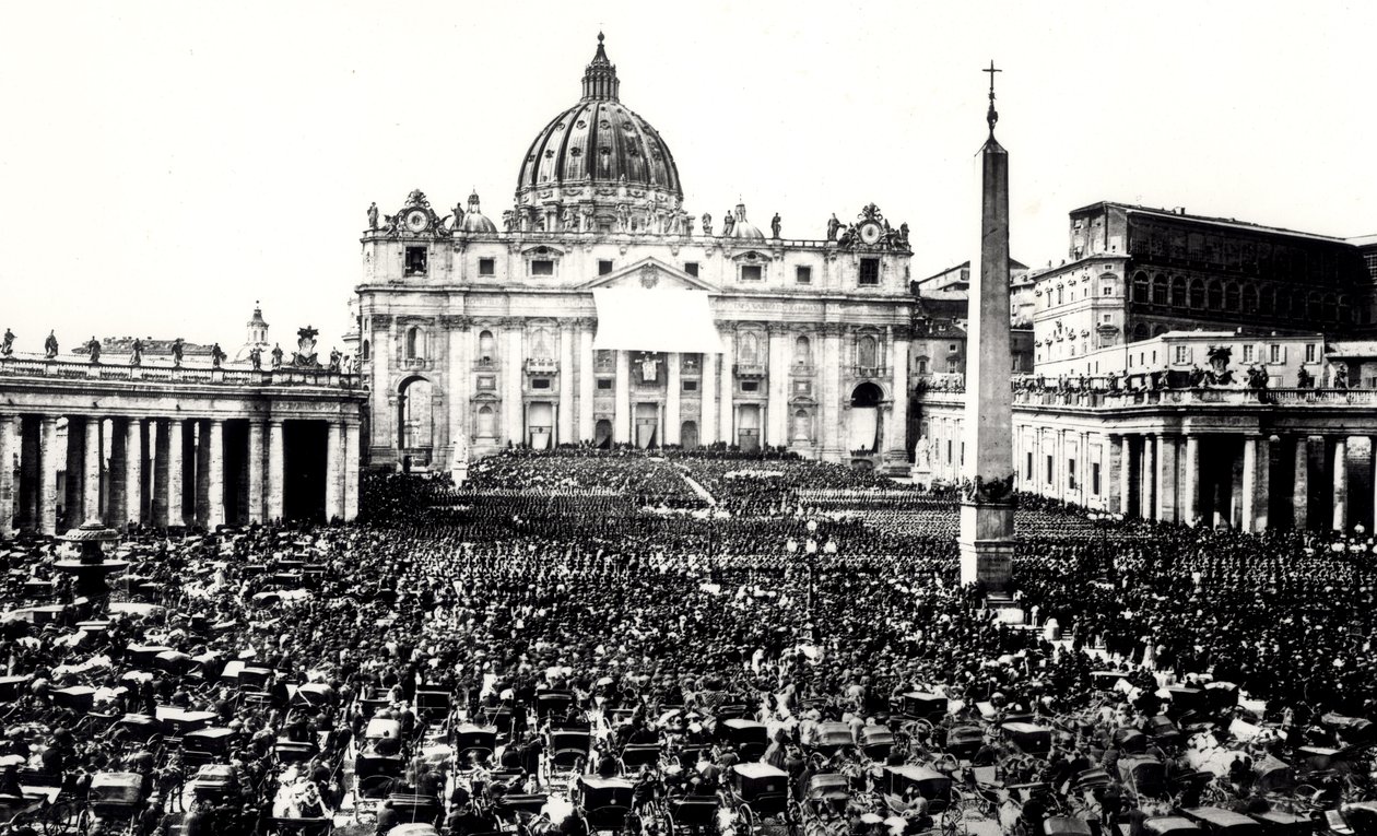 View of a crowd in the piazza and basilica of St. Peters, Vatican, c.1865 by Italian Photographer
