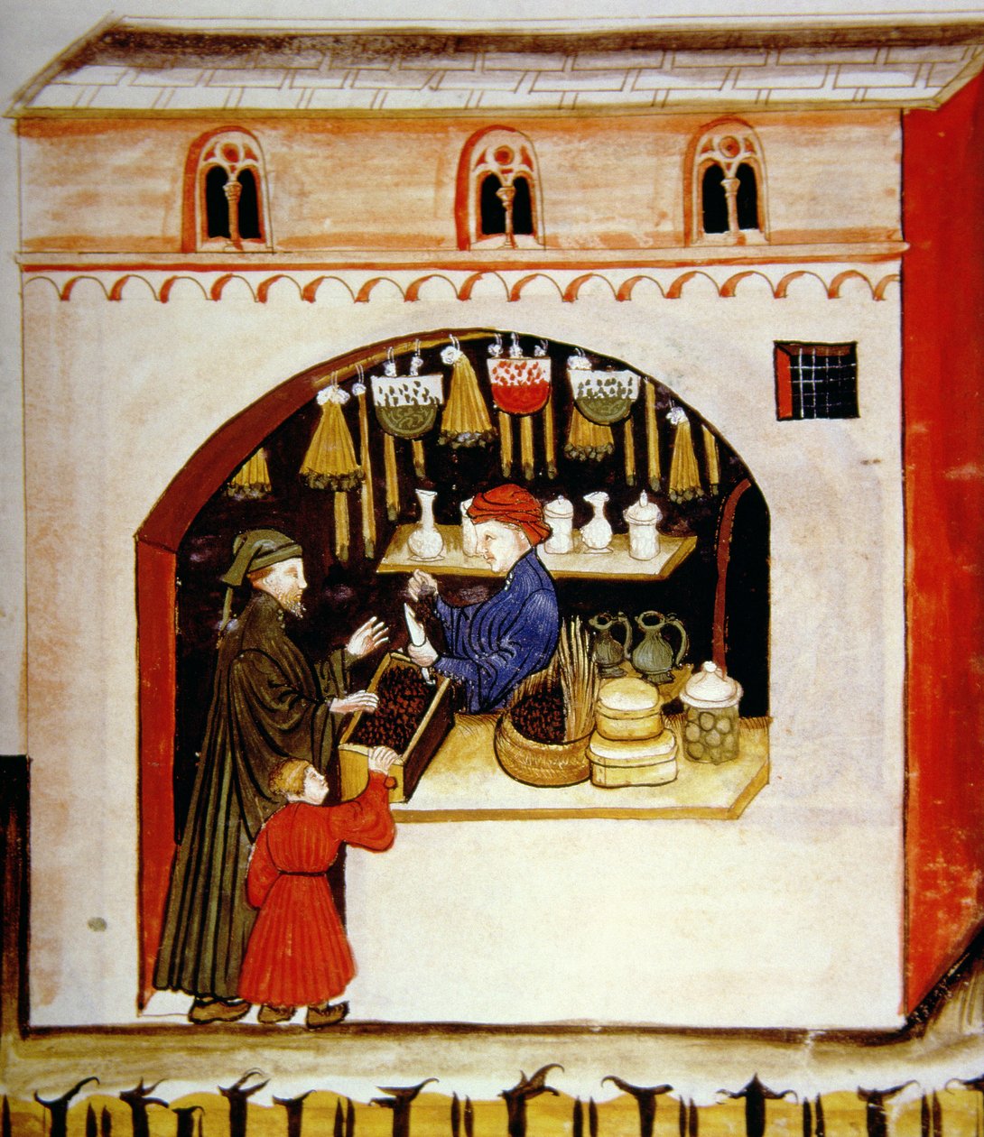 The sale of dried grapes, from Tacuinum Sanitatis by Italian School