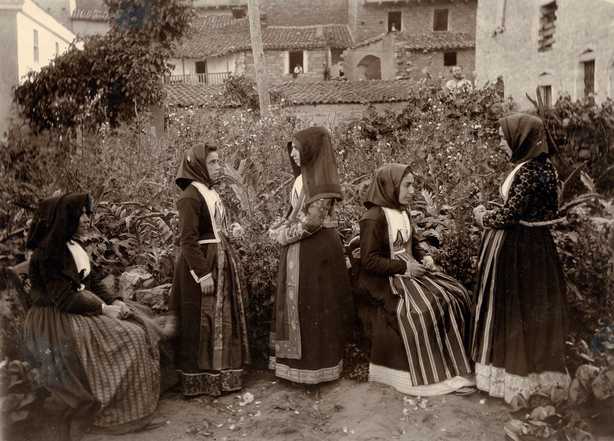 Group of women wearing traditional costumes in garden, Sardinia, Italy by Italian Photographer