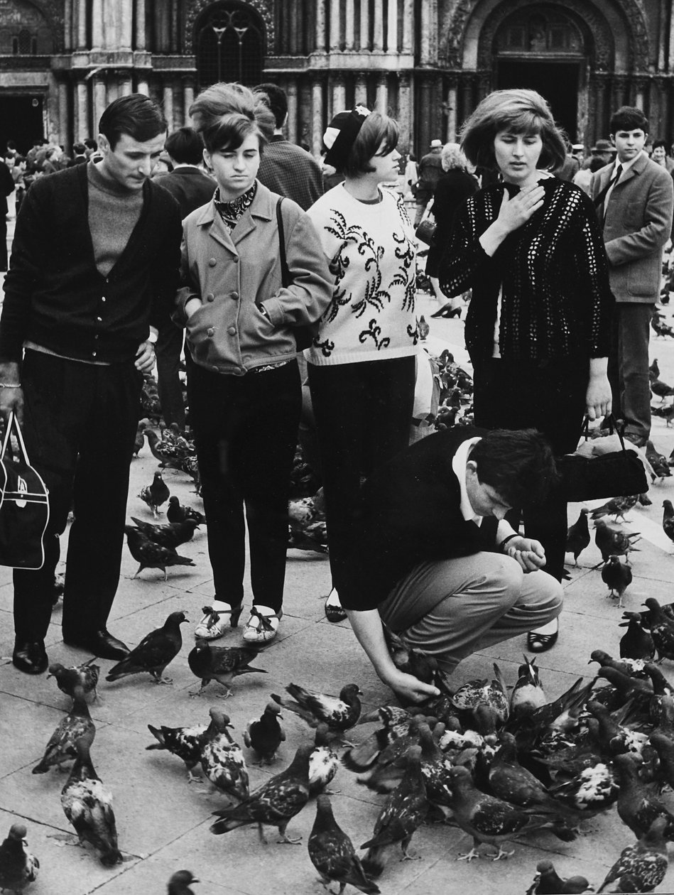 Tourists Feeding Pigeons, Piazza San Marco, Venice, c.1970 by Italian Photographer