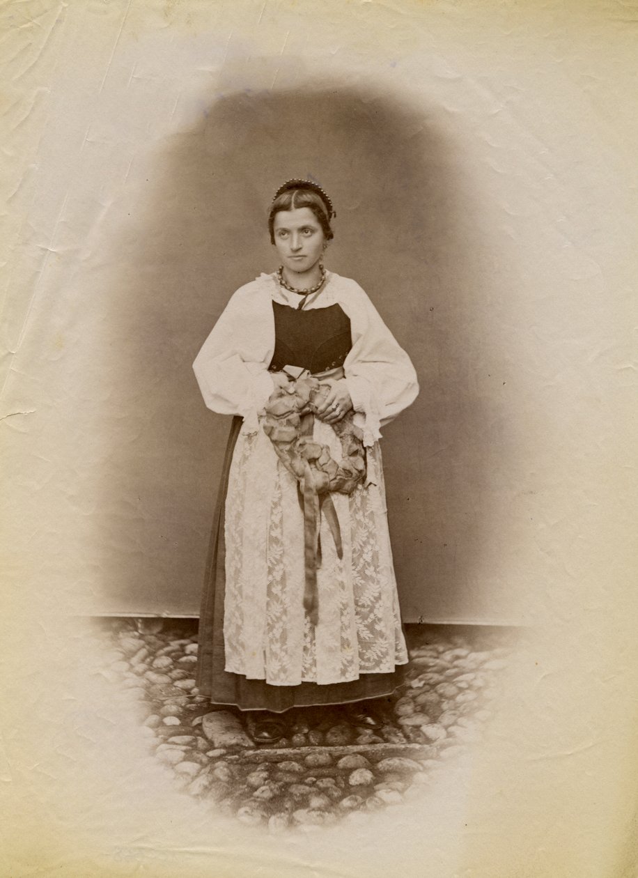 Young Woman Wearing a Wedding Dress and Holding a Ring of Bread Wrapped in Ribbon, Parre, Lombardy, Italy by Italian Photographer
