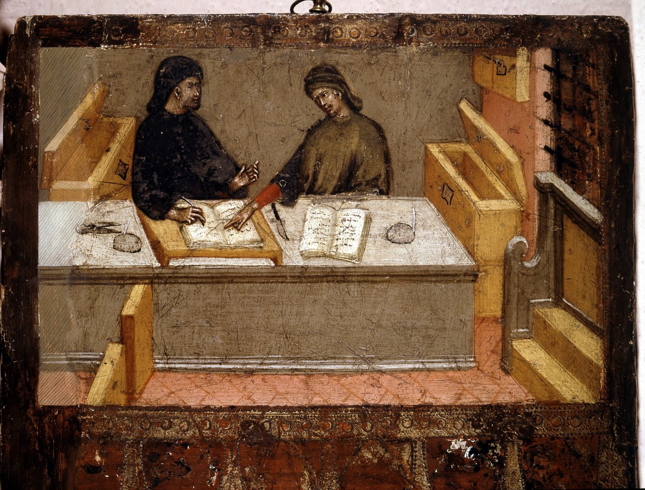 A Camerlinguist and a tax collector in the office, Biccherna (cover of the accounting register of the city of Siena) from 1394. National Archive - Museo delle Tavolette de Bicherna, Siena by Italian School