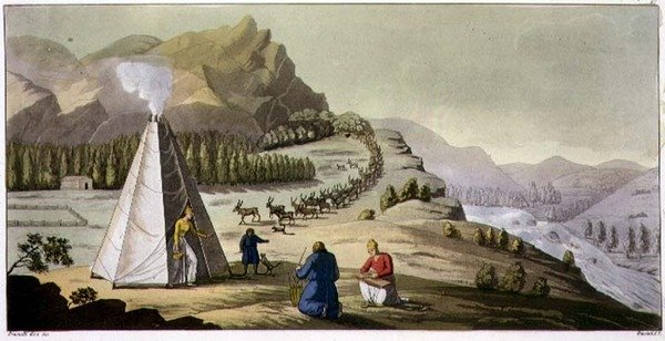 A Laplander Hut or Octagonal Tent with a Herd of Reindeer Coming Down the Mountain, Plate 47 from 