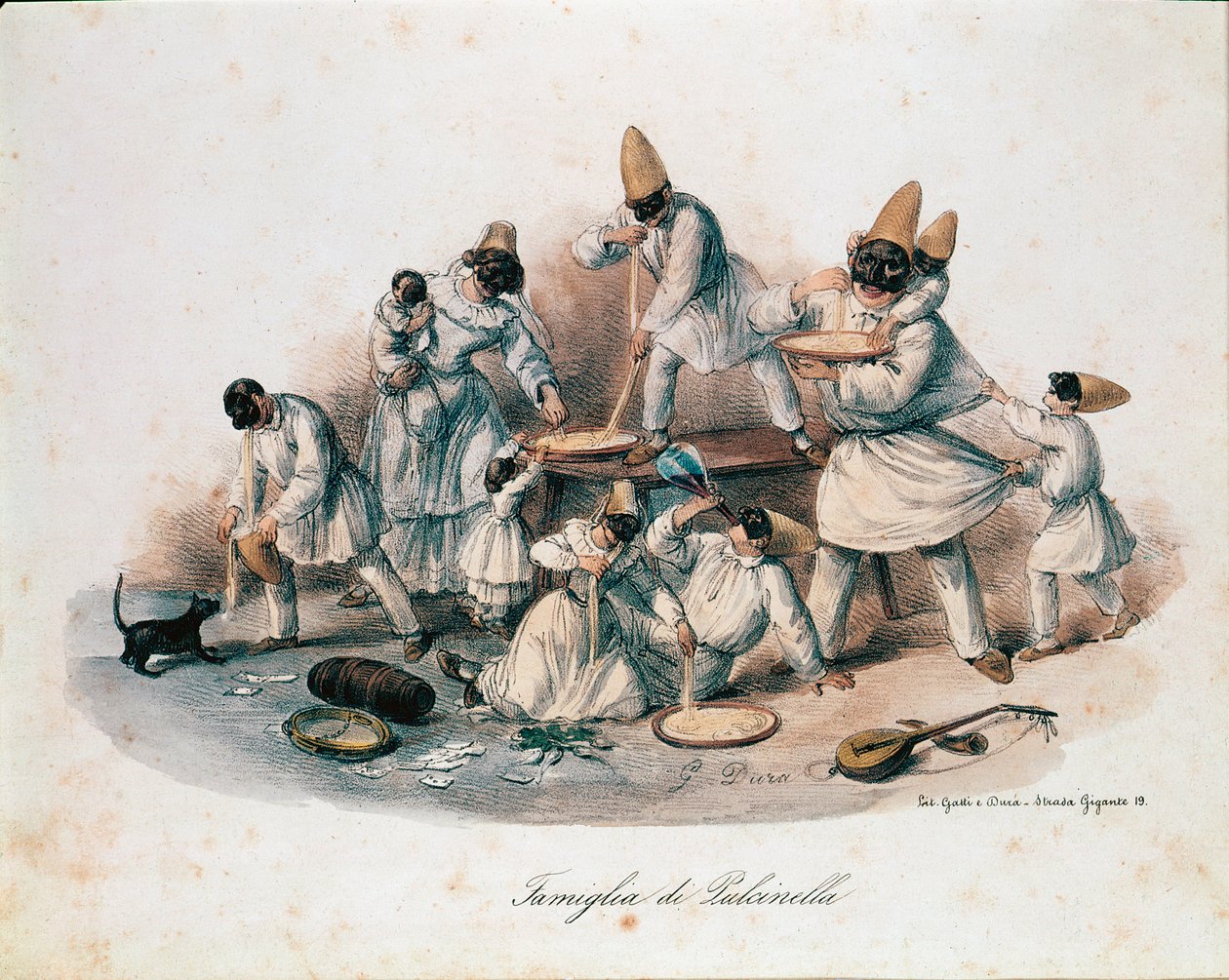 A family of Pulcinella devouring pasta by Italian School