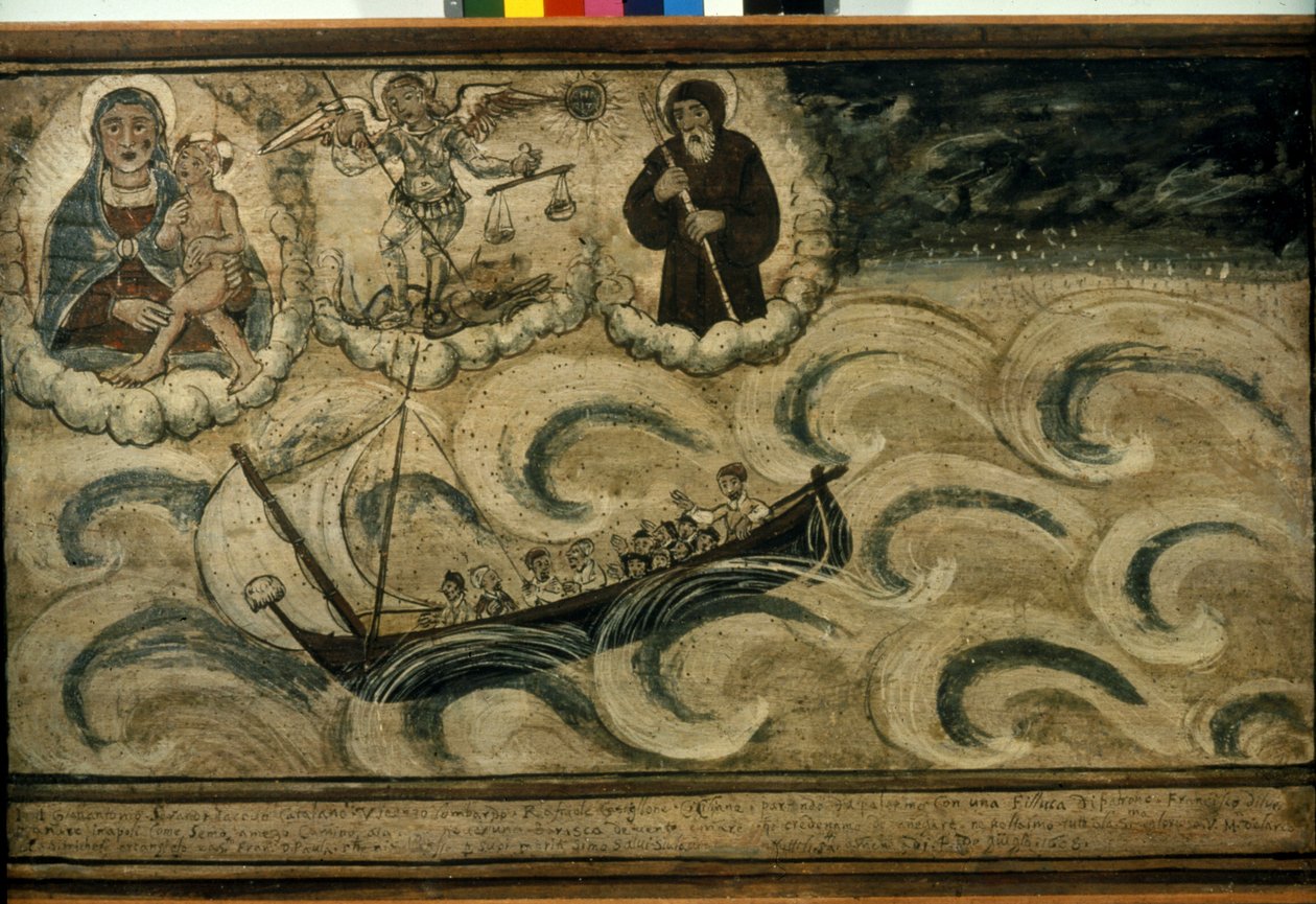 A fishing boat fleeing the storm. Ex voto of the 17th century from the Church of the Madonna dell