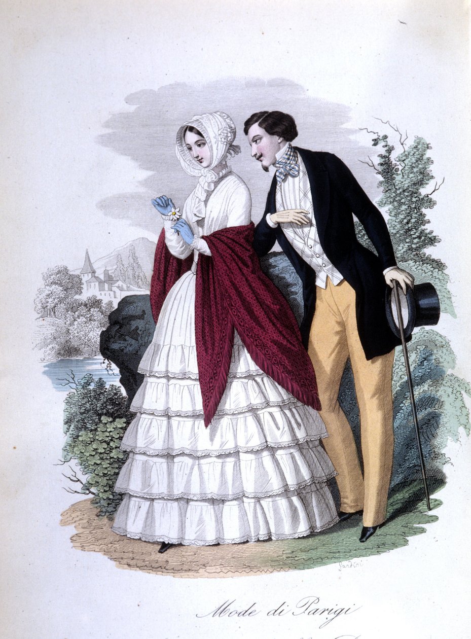 A gallant scene: an elegant couple of fashionable Parisians. 1848 (engraving) by Italian School