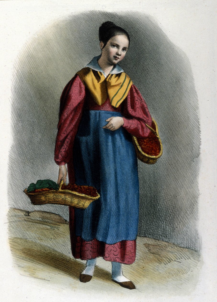 A young wandering strawberry saleswoman. Milanese metier engraving of Locarno from 1830 by Italian School