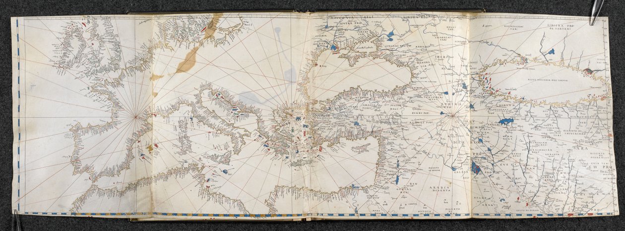 Add. 21592, f.1r Map of Europe and Asia. Portolano, in twenty-one maps, of countries in both hemispheres by Italian School