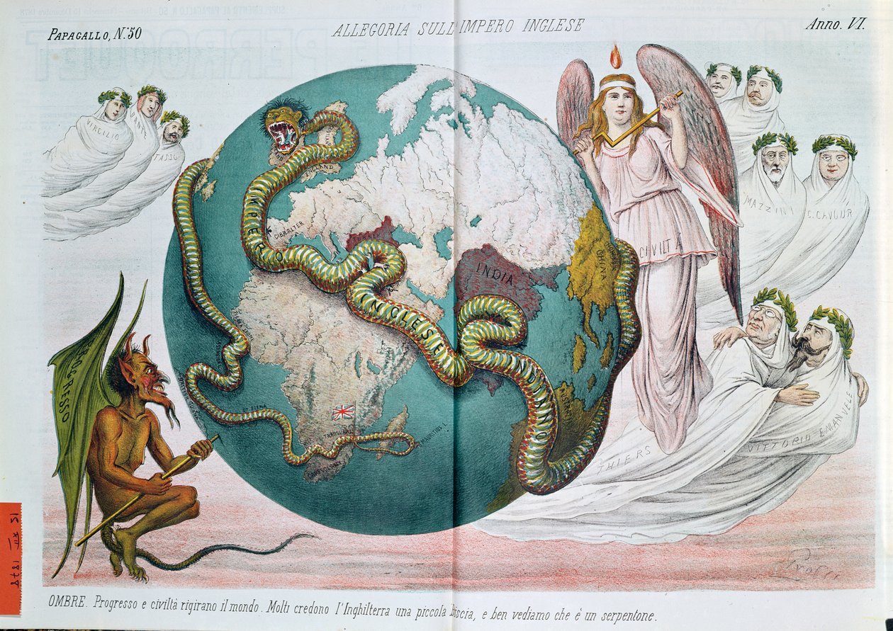 Allegory of the British Empire strangling the world, satirical cartoon from Le Perroquet, 1878 by Italian School