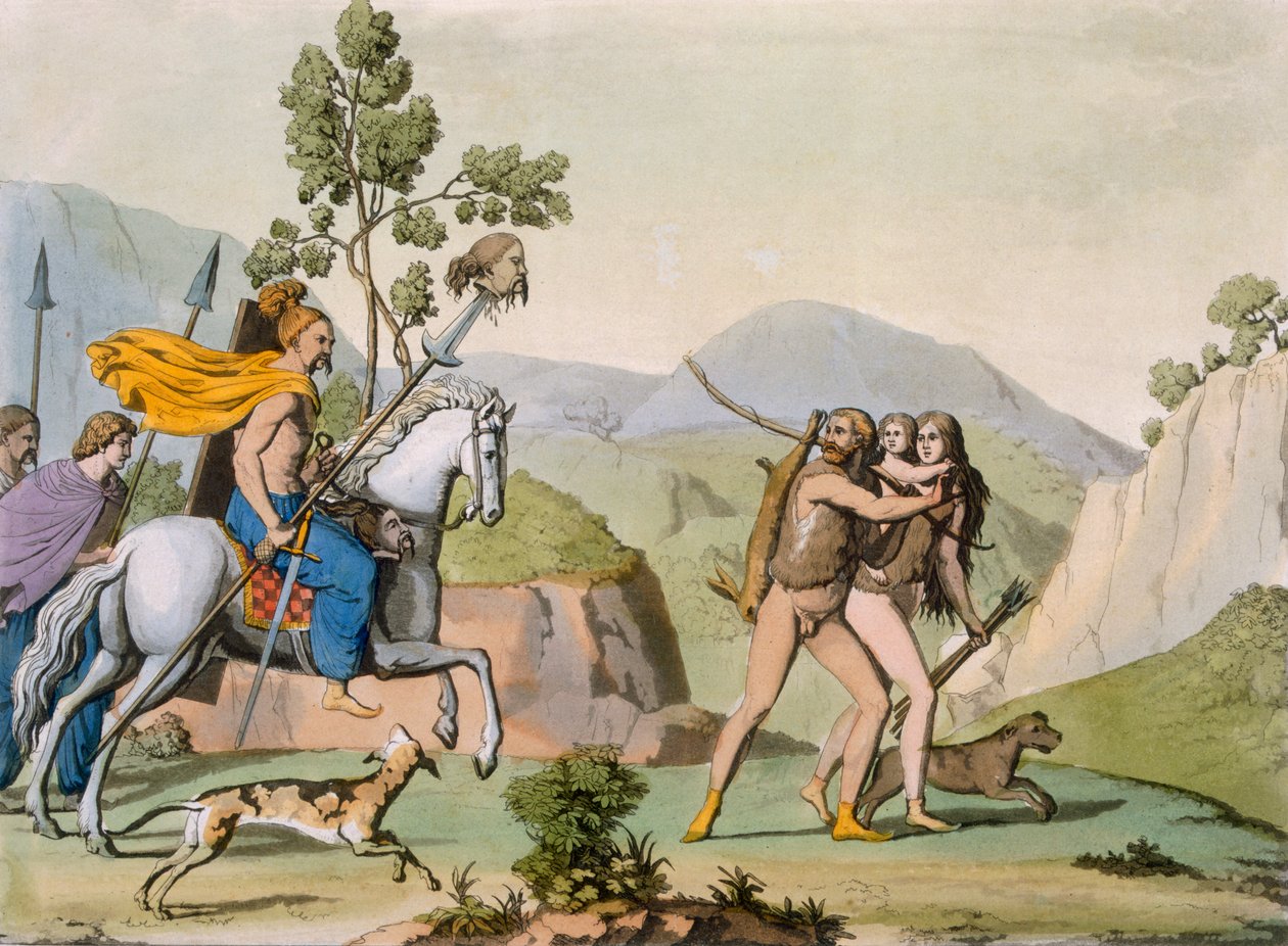 Ancient Celtic warriors on a foray encounter a couple out hunting by Italian School