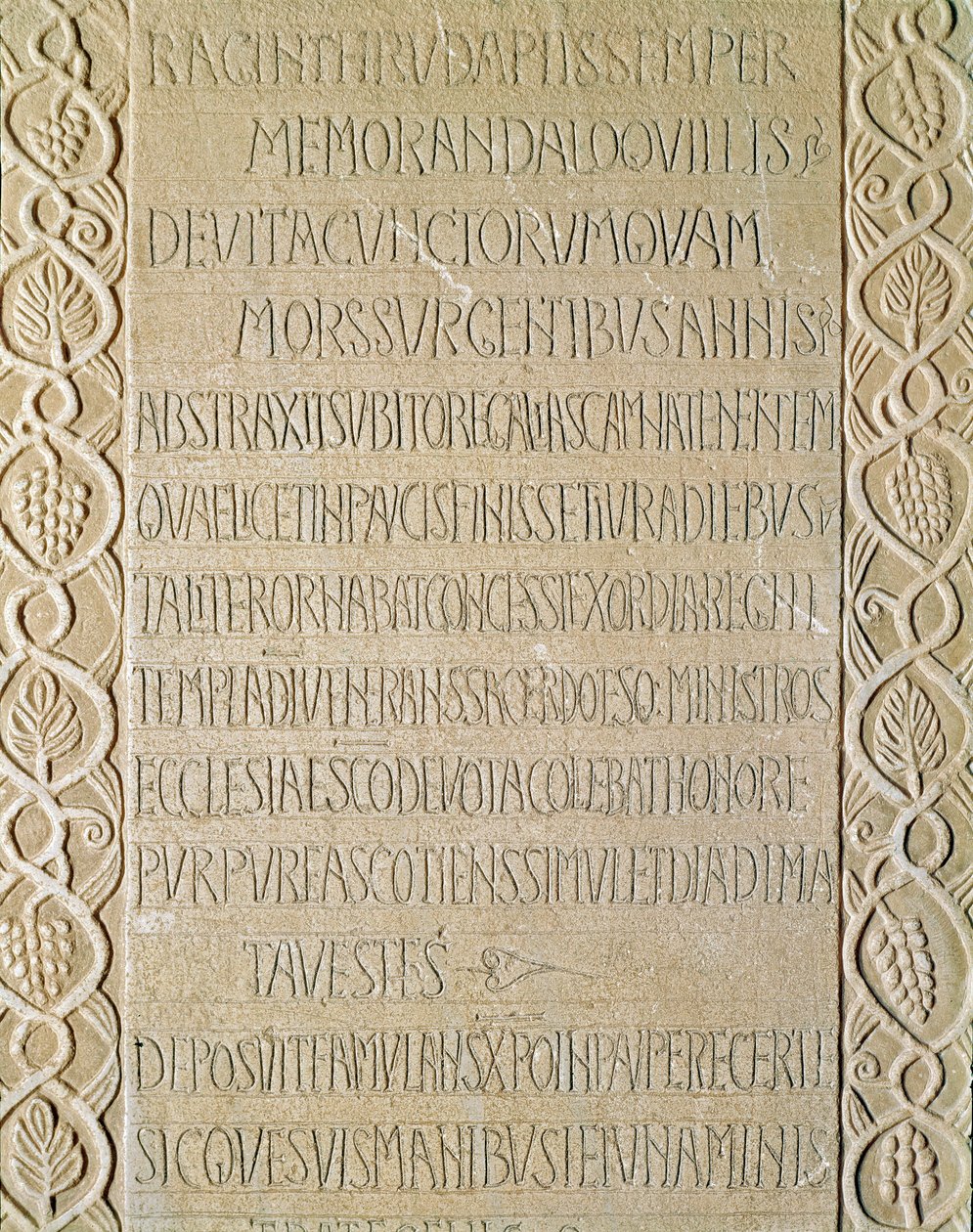 Archaeology of the Middle Ages. Barbarian Art of Lombardy: tombstone of Queen Ragnetrude dates from 740-750. Lombard art. Pavia, Civic Museum, Archaeological Section by Italian School