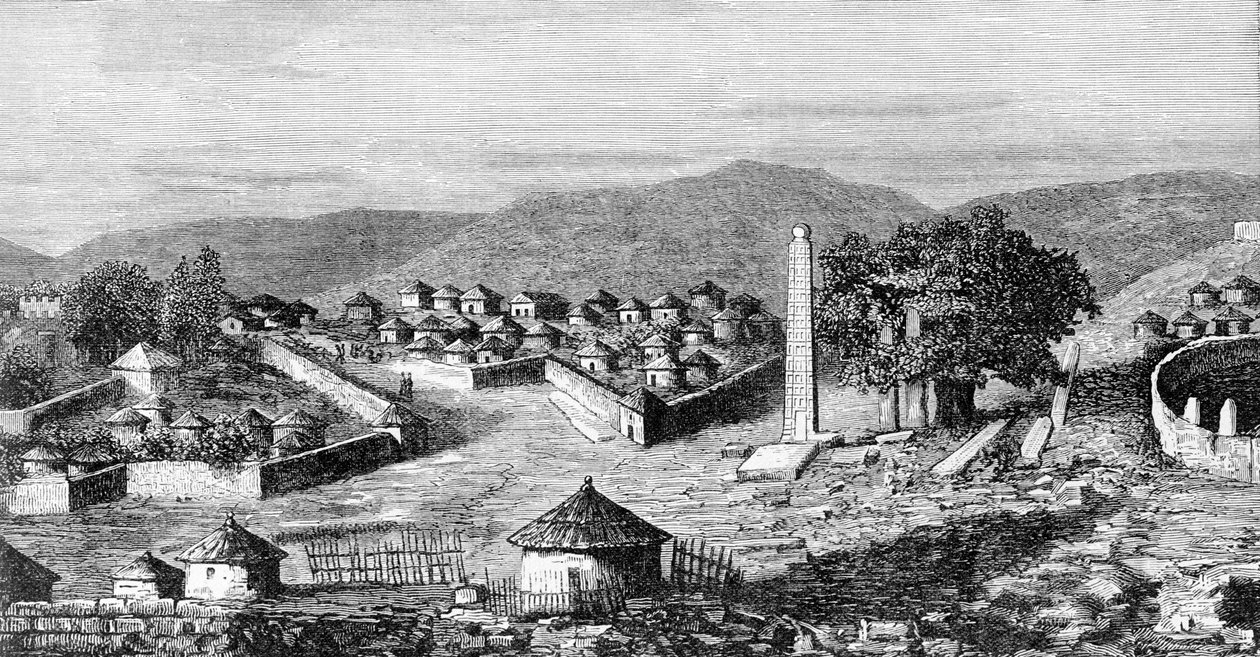 Axoum, the religious capital of Ethiopia, circa 1850. From a drawing by explorer Gustavo Bianchi. by Italian School