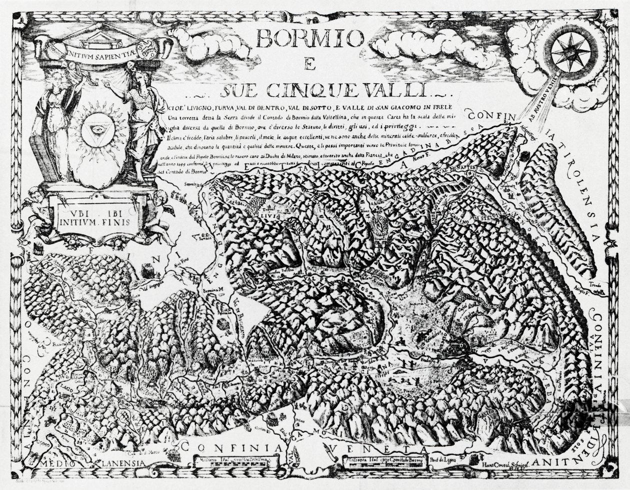 Bormio and its five valleys, engraving by Italian School