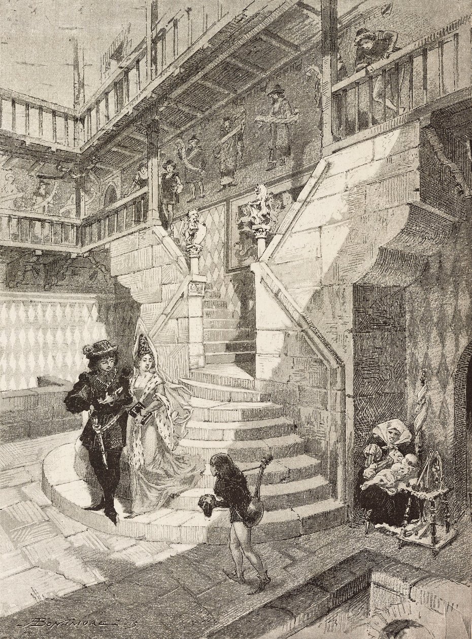 Castle Courtyard, Medieval Village in Turin, Italy, Engraving by Bonamore by Italian School