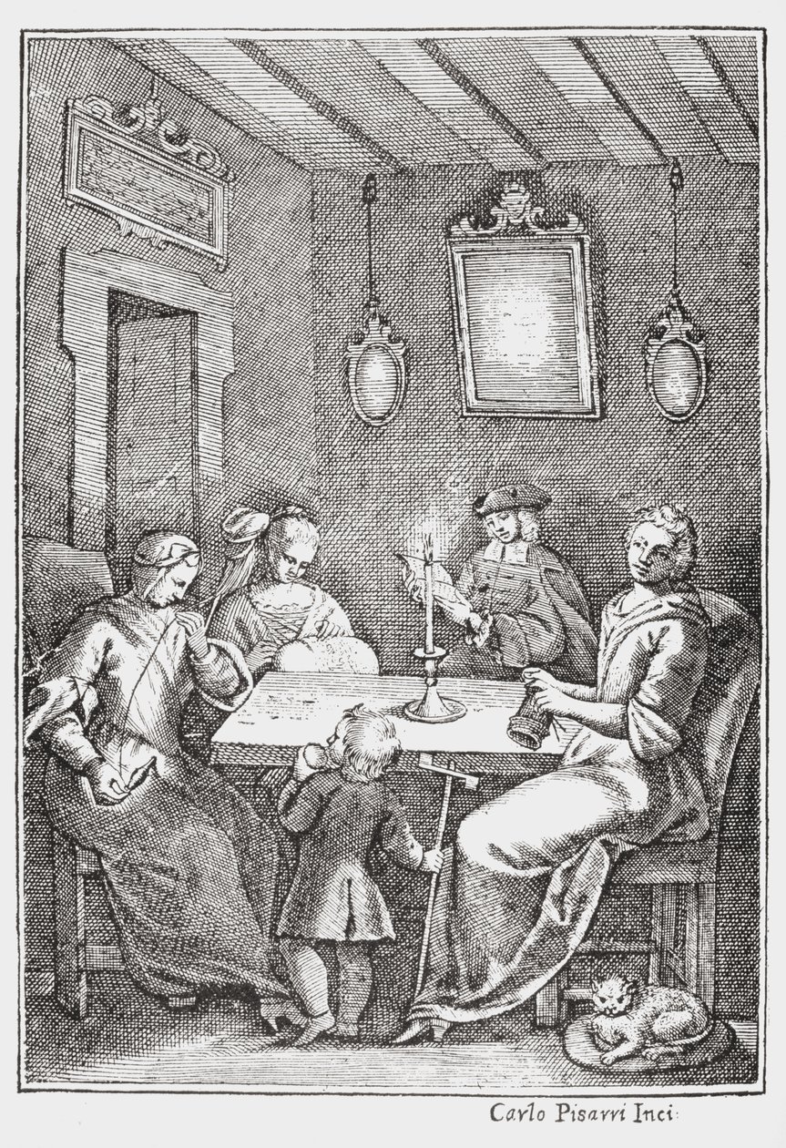 Chiaqlira reading tales to a sewing party, front cover of The Pentamerone of Giambattista Basile, 1742 by Italian School