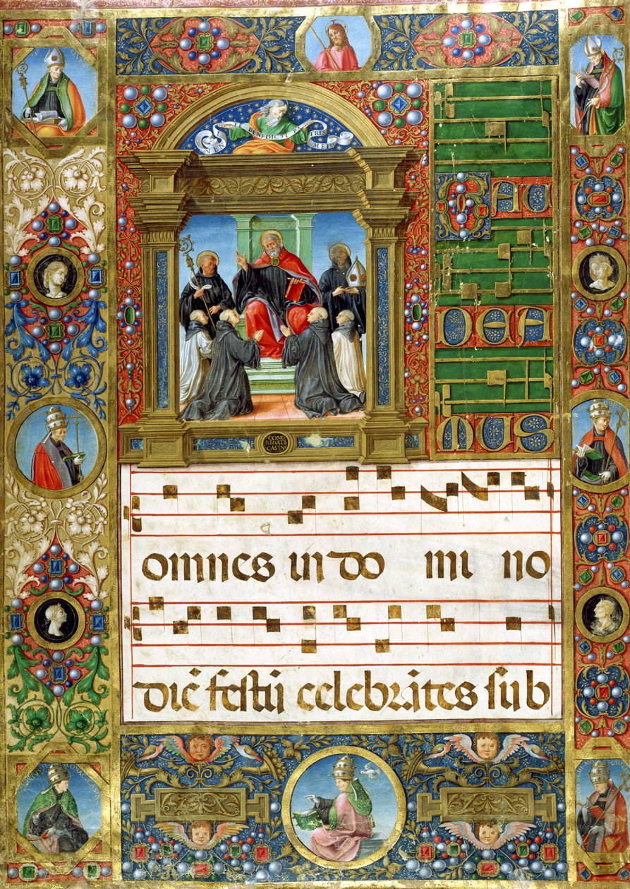 Choral miniature with St. Benedict preaching to monks by Italian School