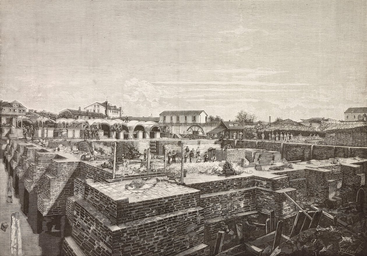 Cistern of the new aqueduct in Venice, Italy, engraving from L