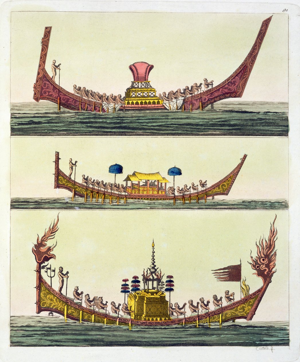 Cochin Chinese ships, illustration from Le Costume Ancien et Moderne by Giulio Ferrario, published c.1820s-30s by Italian School