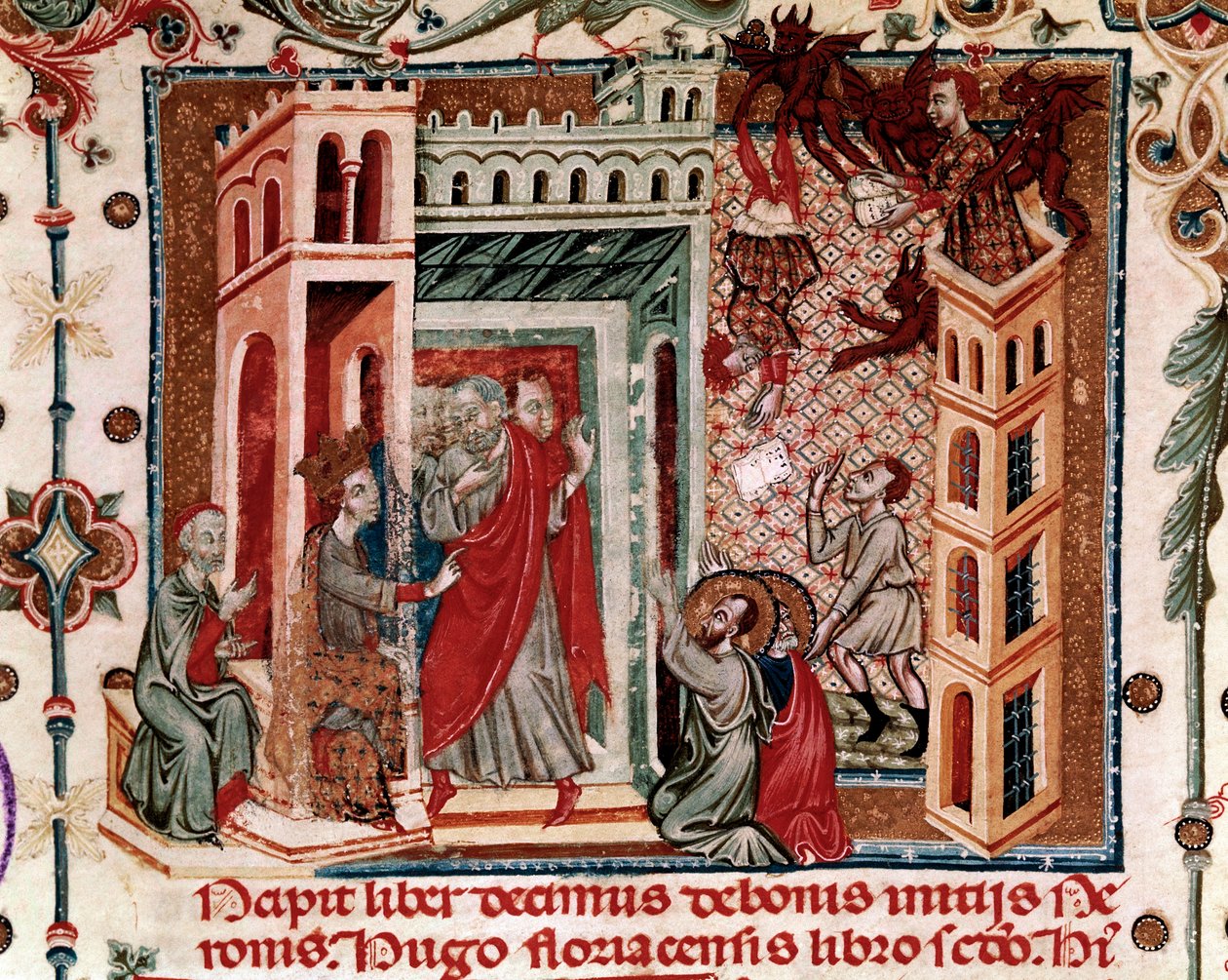 Simon Magus, the Emperor Nero, and the Apostles, miniature from Speculum Historiale, Part I, by Vincent de Beauvais by Italian School