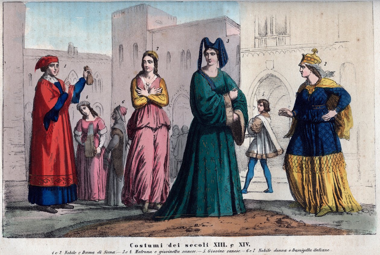 Costumes in Siena between the XIII and XIV century - engraving from Usi e Costumi di Tutti i Popoli dell