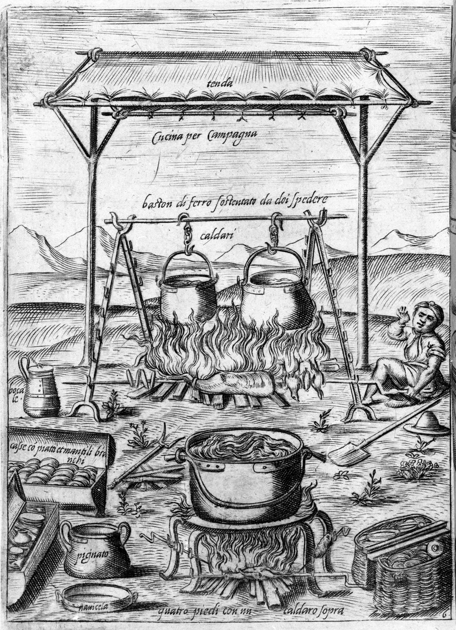 Country kitchen: cauldrons and pots are placed on fire. Engraving from 