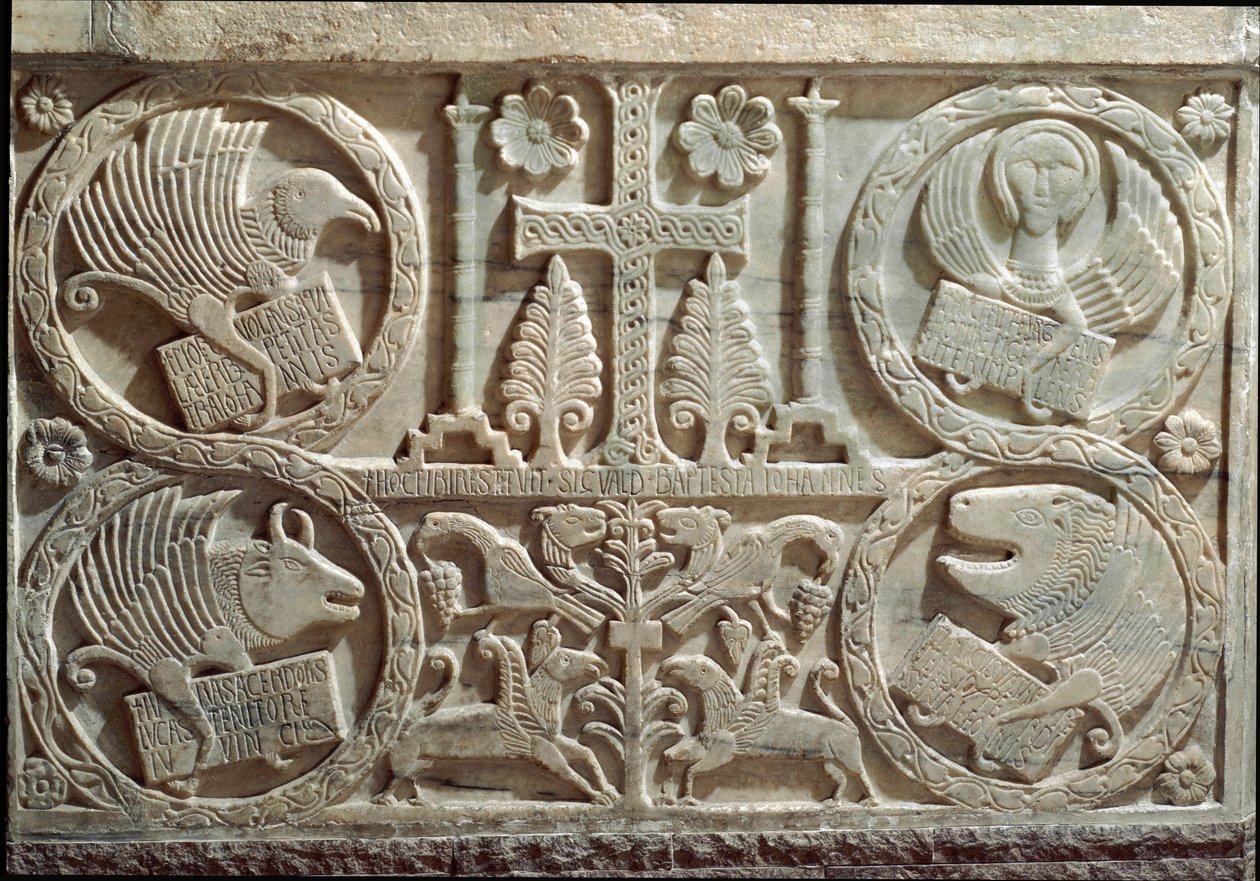 Detail of Stucco with Symbols of the Four Evangelists: the Angel for Saint Matthew, the Lion for Saint Mark, the Bull for Saint Luke, and the Eagle for Saint John. 730-740 Cividale, Battistero di San Callisto by Italian School