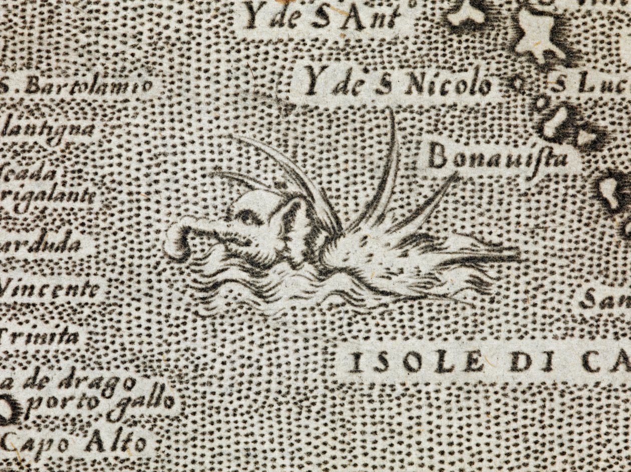 Detail of a sea elephant with an impressive array of spikes jutting from its back, from 