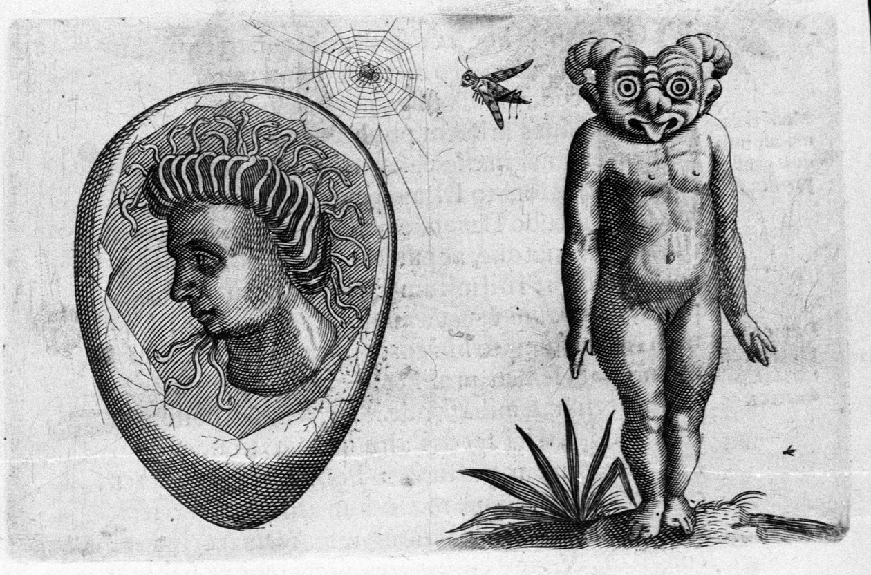 Different types of human monsters: a fossil man and a monster. Engraving from 