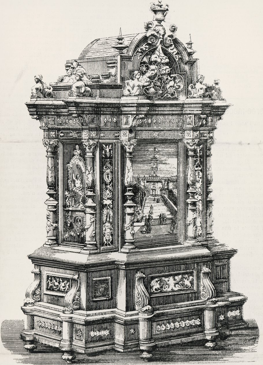 Ebony cabinet with inlays by cabinet maker Alessandro Monteneri of Perugia, illustration from Italian exhibition in 1881 in Milan, Italy by Italian School