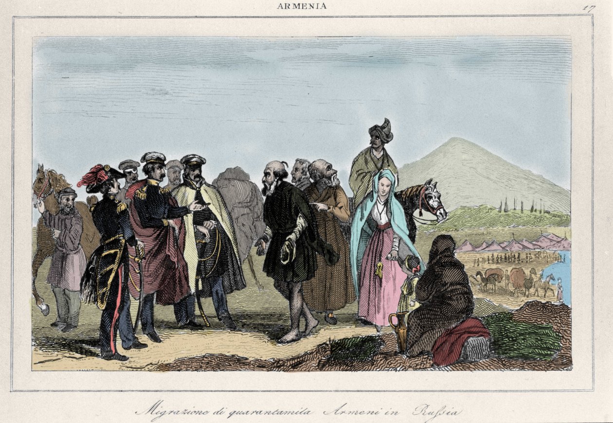 Emigration of Armenians to Russia. 19th century engraving by Italian School