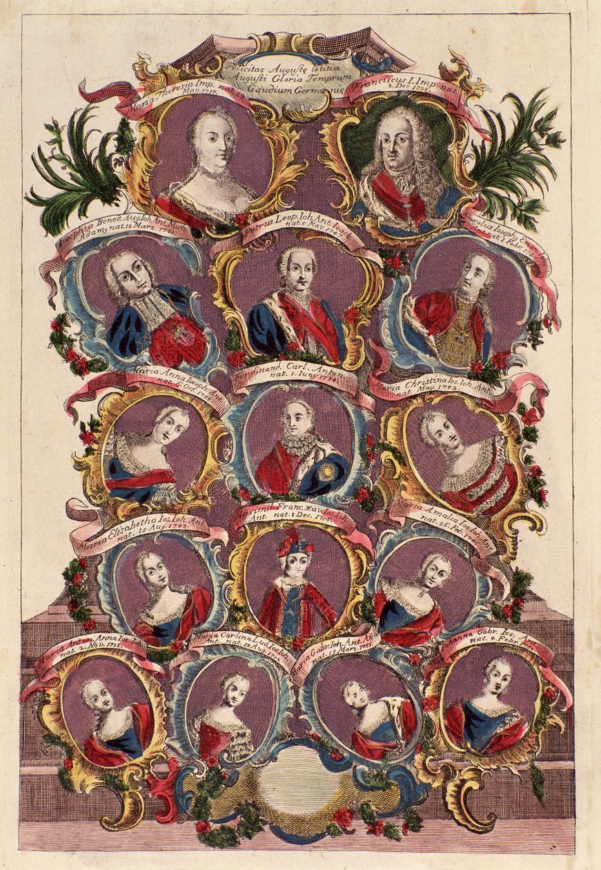 Family Tree of Empress Maria Theresa of Habsburg with Husband Francis I and Children: Maria Elizabeth, Joseph II, Maria Amalia, Leopold II, Ferdinand, and Maximilian by Italian School