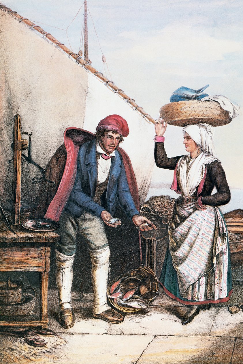 Fishmonger and peasant (illustration from Costumes of Istria) by Italian School