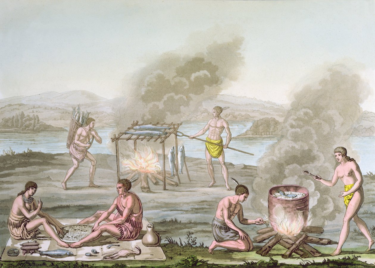 Florida indians preparing and cooking food by Italian School
