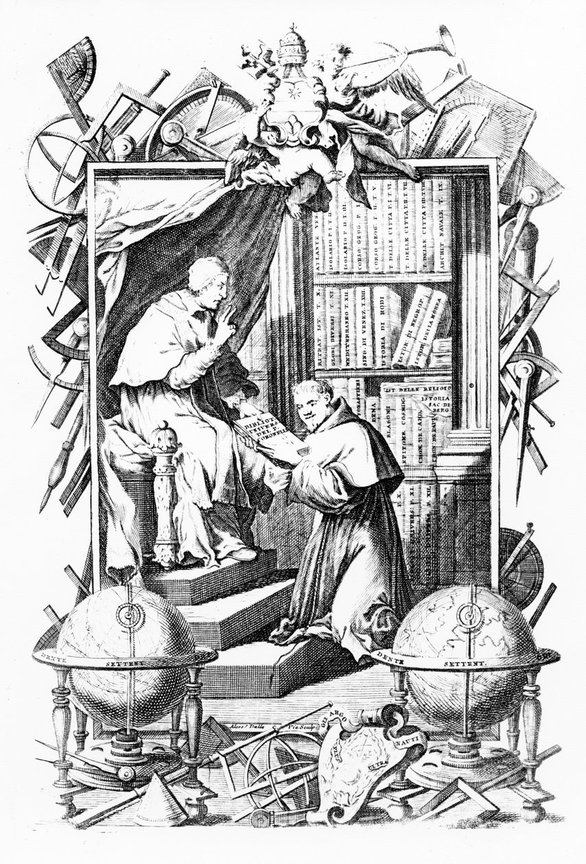 Frontispiece for Biblioteca Universale Sacro-Profana, Vol. 1 by Vincenzo Coronelli, print made by Alessandro dalla Via, published 1701 by Italian School